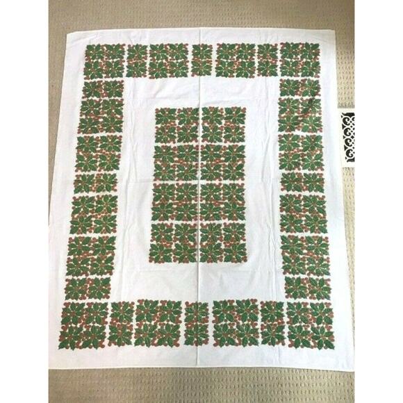 Vintage Mid Century Christmas Tablecloth Mod Printed Cotton Geometric Retro Look - Picture 1 of 6